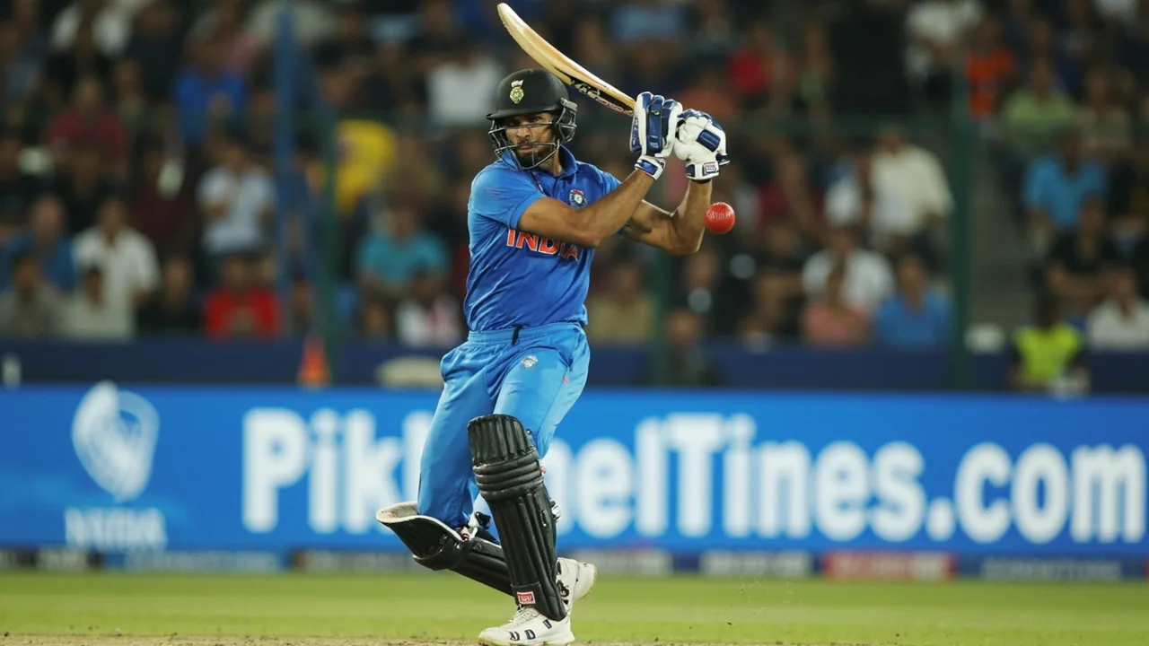 Close sideline frame of a captain in India kit walking out to the middle with bat in hand during a county-ground IT20 fixture