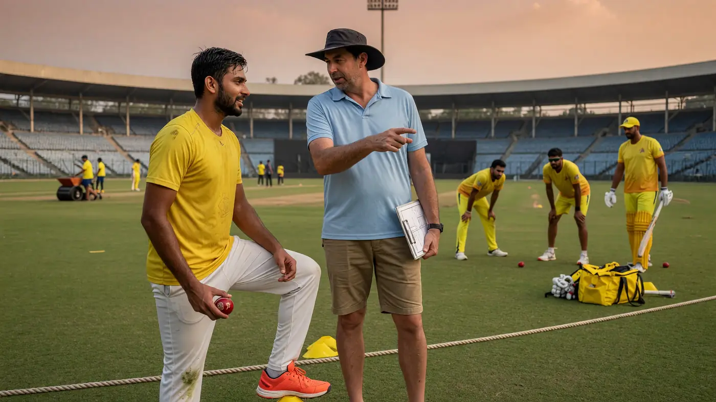 Cricket fielders and bowler set in a medium tactical frame around the pitch during a night match