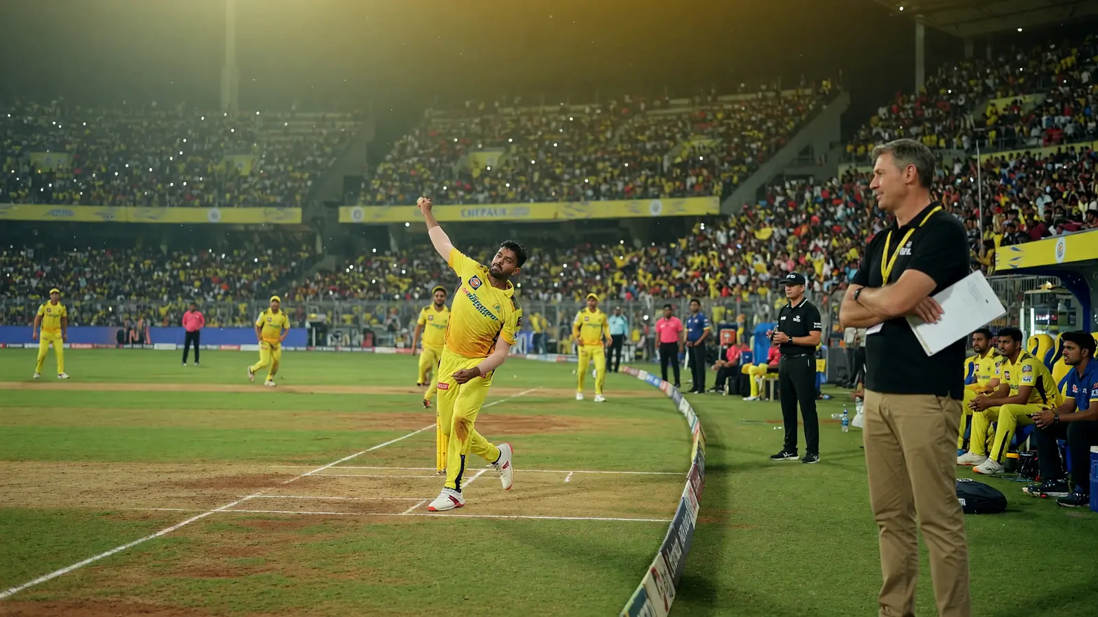 Wide evening view of a packed IPL cricket stadium with floodlights over the outfield and crowd filling the stands