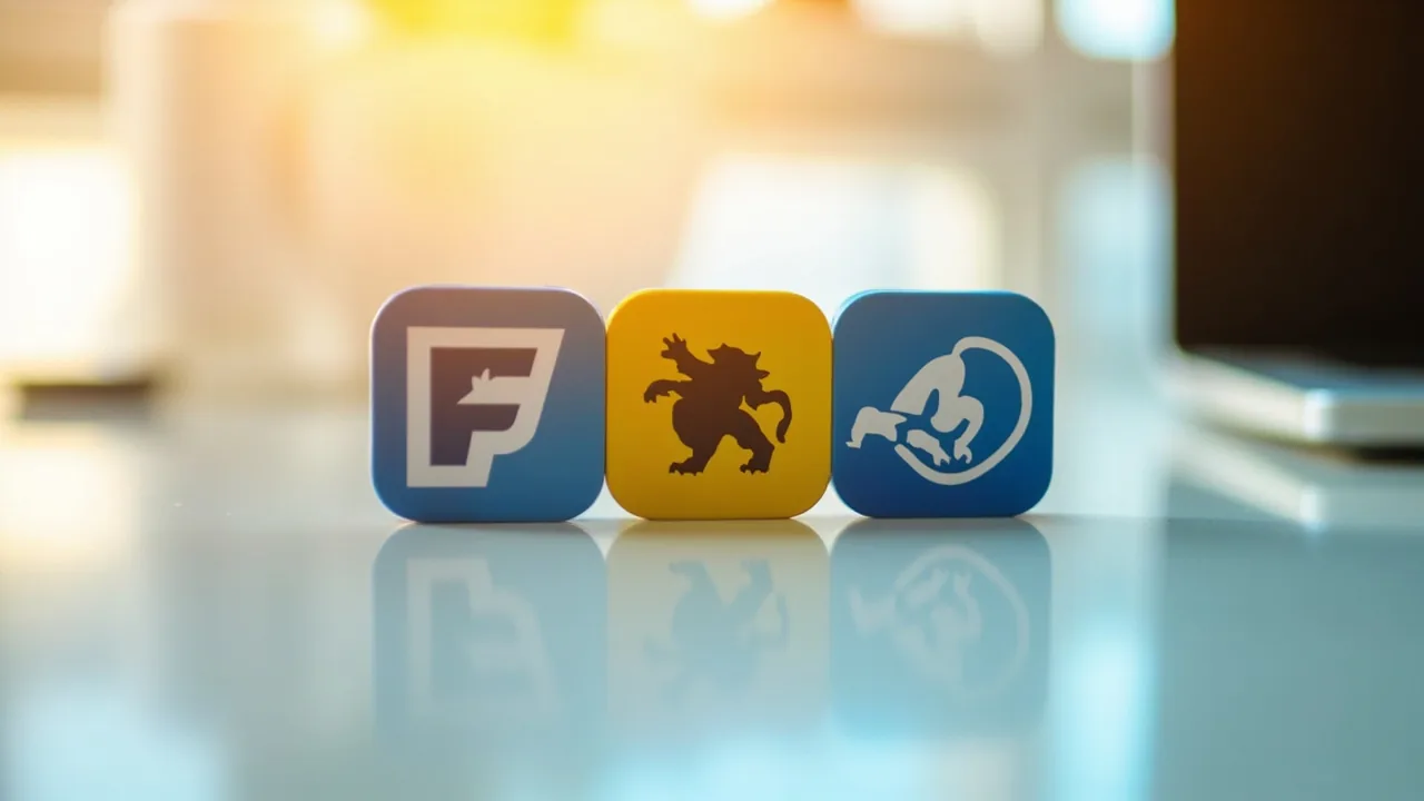 Three fantasy app icons on a clean desk for review comparison