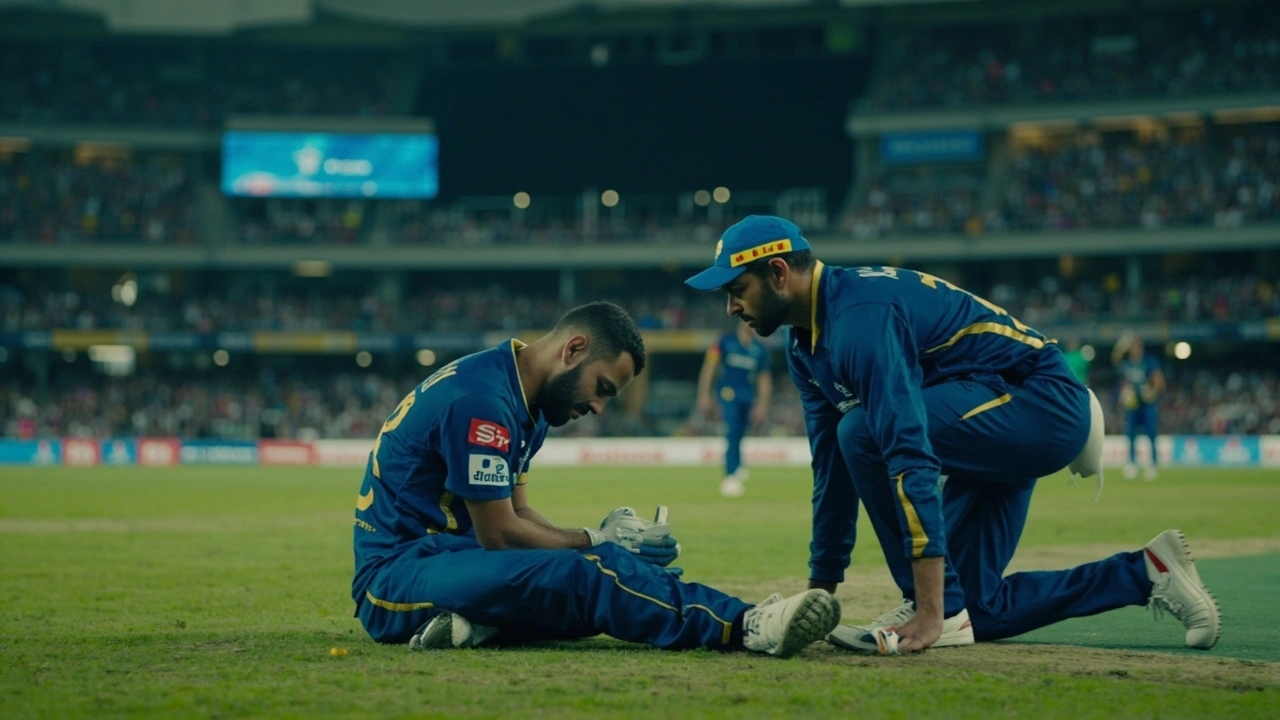 Cricket player receiving a sideline assessment while a substitute warms up during a night match