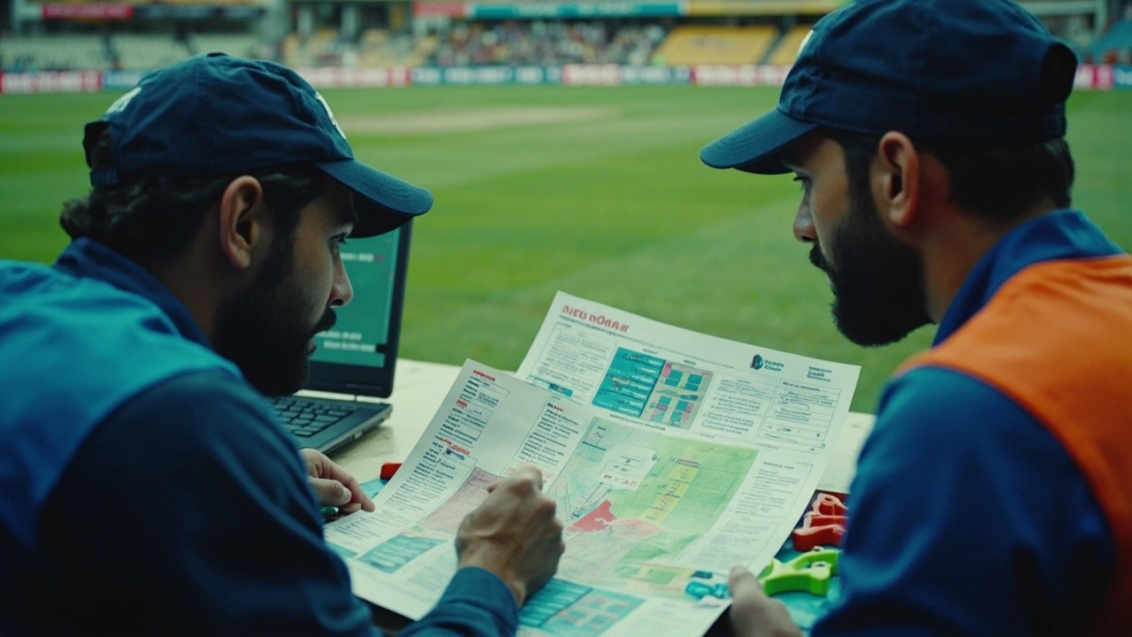 Cricket coach and analyst compare player roles on a tactical board
