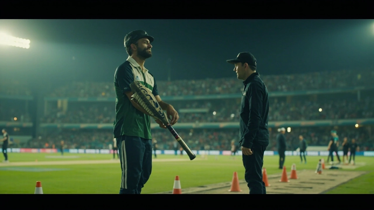 Cricket substitute completes warm-up drills with a physiotherapist beside the field