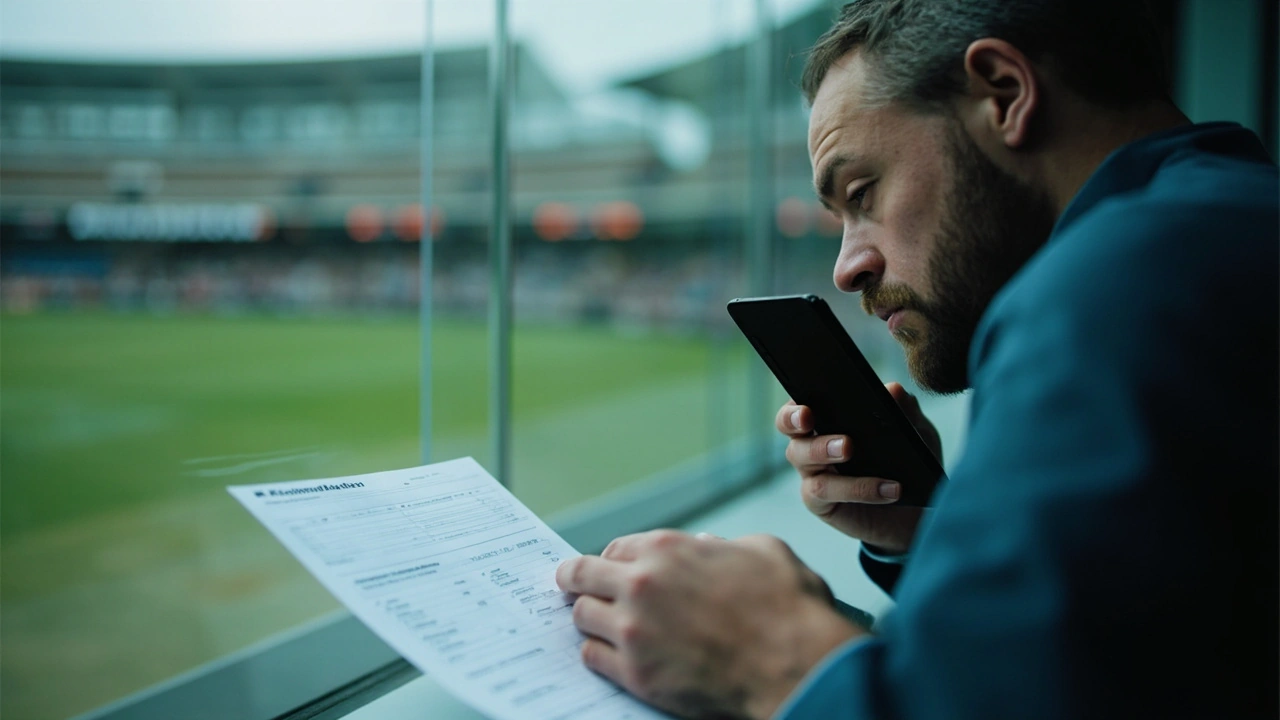 Fantasy cricket manager checks confirmed team information on a phone before lock