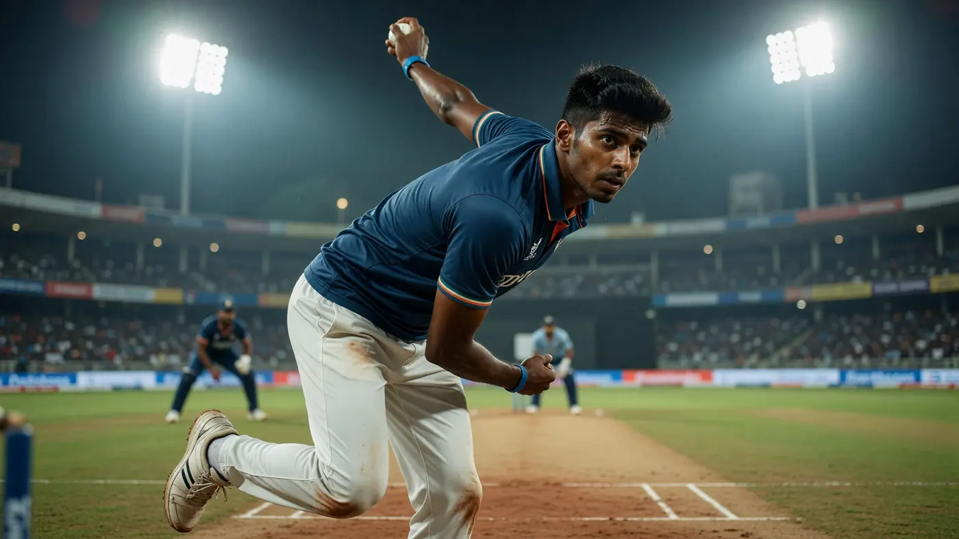 Close-up of an Indian fast bowler in a navy polo and white trousers mid-delivery with a white ball under stadium floodlights