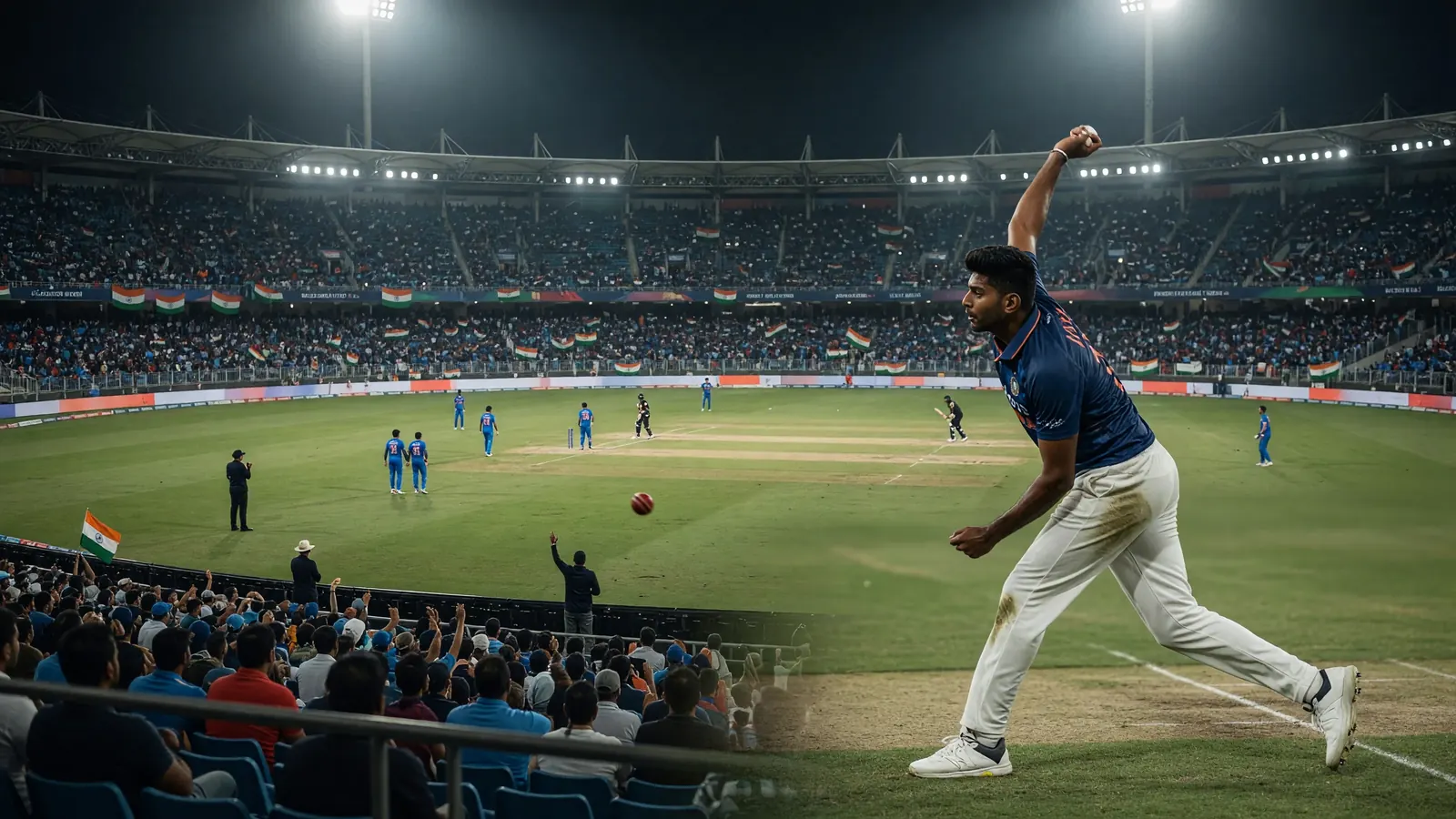 Indian pace bowler in blue jersey and white trousers bowling under floodlights in a packed night stadium with a red ball airborne