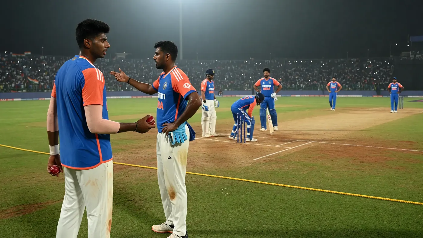 Two India players in blue and orange kits talk on the outfield at night, one holding a red ball, with fielders on the pitch behind